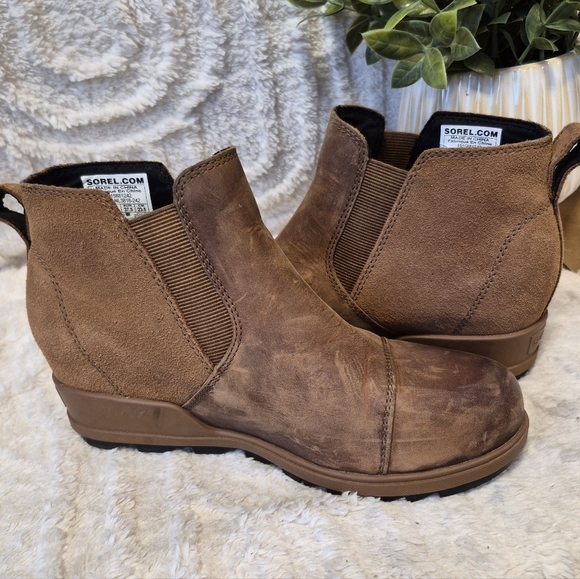 Sorel Evie Wedge Bootie Pull On Ankle Boot Tan Leather Waterproof Size 6.5 - Picture 6 of 9